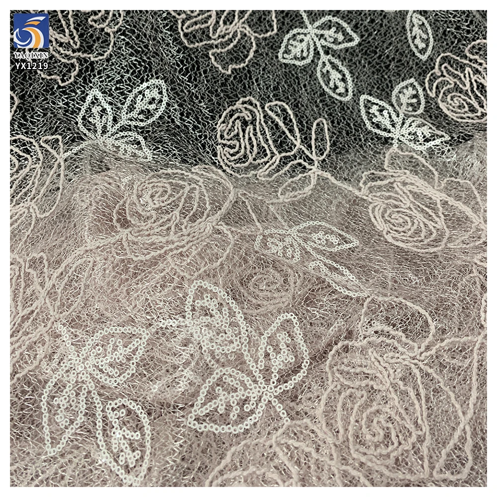 YX1219 2026 New Custom Light Pink Color Rose Embroidered Mesh Fabric Rope Embroidery Fabric 5 Yards for Girls' Clothing - 图片 4