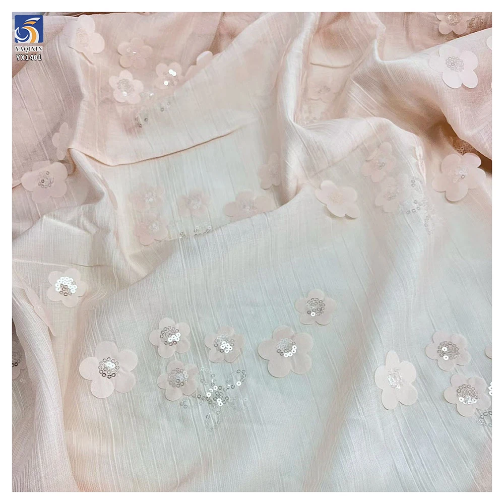 YX1401 Laser 3D Embroidery Sunflower Flowers Chiffon Fabrics With Sequins Crepe Chiffon Fabric for Chinese Cheongsam - 图片 5