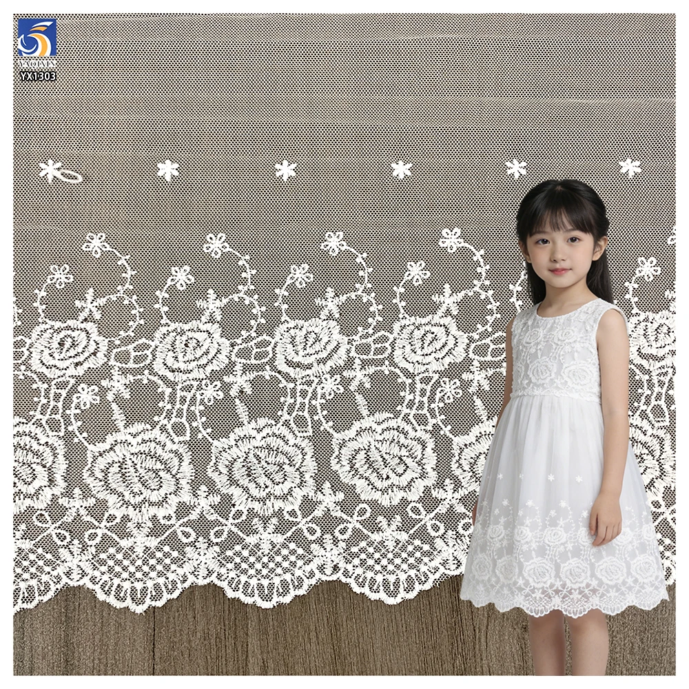 YX1303 Chinese Suppliers Cheap Mesh Embroidery Floral Print Water-Soluble Embroidered Lace Fabric White Sales for 15 Yards