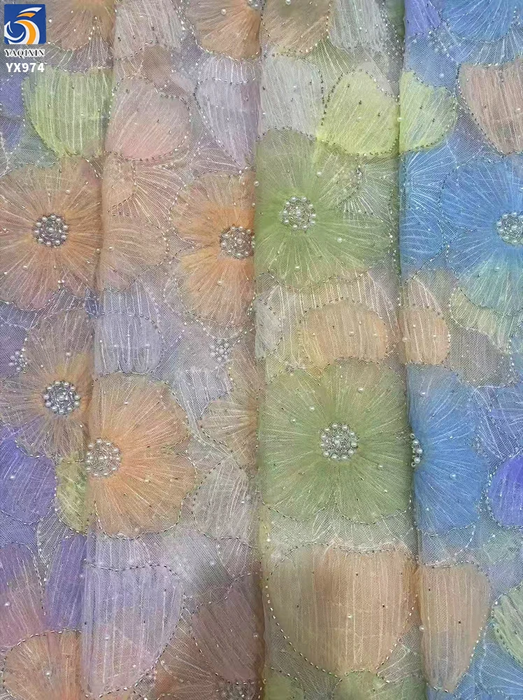 YX974 Colorful Digital Printing Big Flowers 3D Heavy Embroidery Tulle Fabric With Pearls 3D Poly Knitted Mesh Fabric Latest - 图片 4