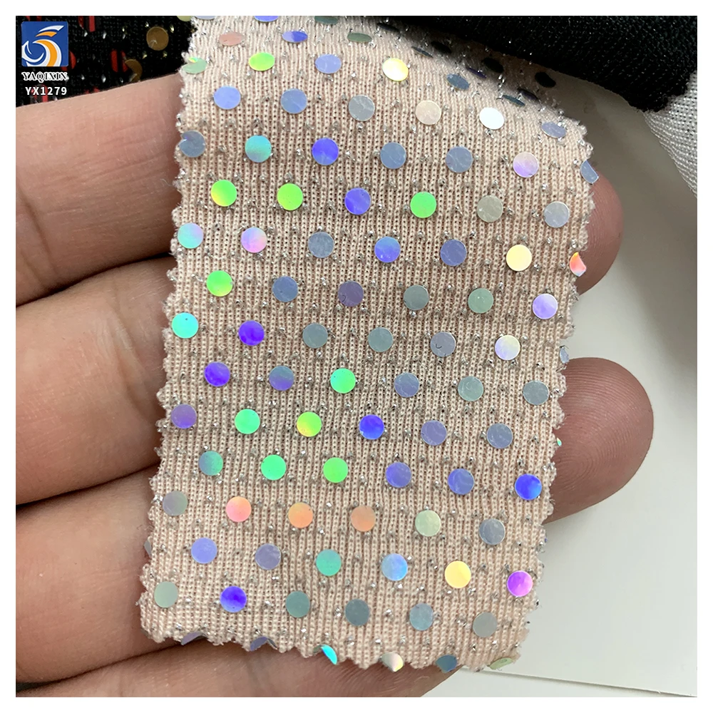 YX1279 130gsm New Arrival Nylon Spandex Stretch Laser Lurex Iridescent Sequin Fabric With Silver Dots for Party Dress Stretch - 图片 4