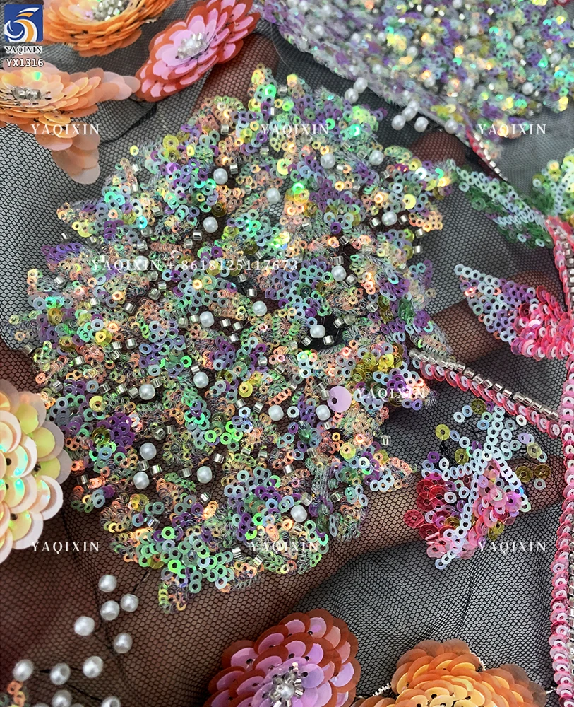 YX1316 Latest 3D Five-Pointed Star Flower Sequin Embroidery Mesh Tulle Fabric Florals Pattern Beaded Sequin Mesh Lace Fabric - 图片 3