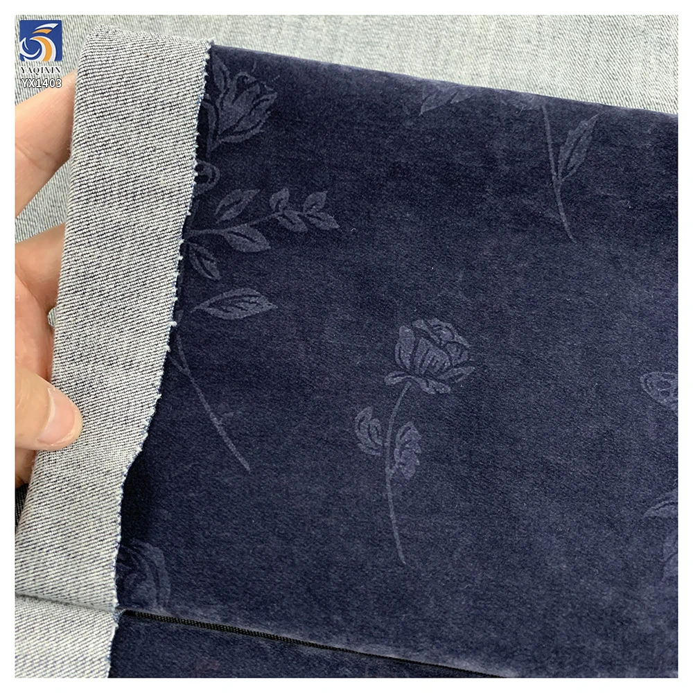 YX1403 2026 10oz High-Stretch Flock Denim Fabric OEM Custom Flocked Flower English Pattern Denim Fabric for Jackets - 图片 3