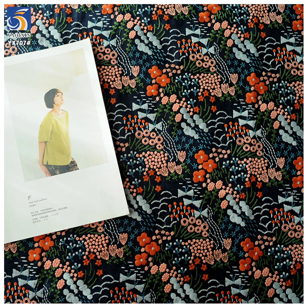 YX707 French Fashion Colorful Florals Embroidery Cotton Fabric 250gsm Ramie Cotton Embroidery Fabric for Home Textile - 图片 5