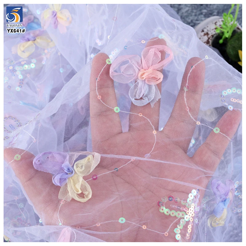 YX641 Princess Dress Lolita Children's Clothing Fabric Sequin Gradient Tulle Embroidered 3D Flowers Mesh Fabric - 图片 3