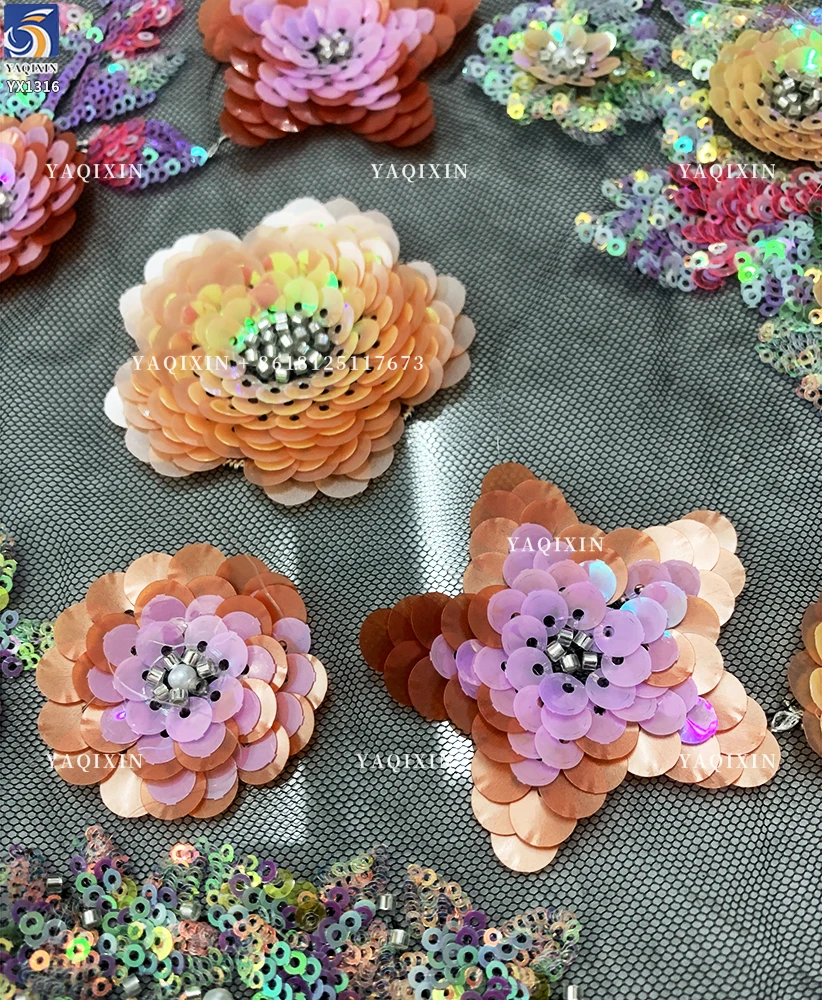 YX1316 Latest 3D Five-Pointed Star Flower Sequin Embroidery Mesh Tulle Fabric Florals Pattern Beaded Sequin Mesh Lace Fabric - 图片 2