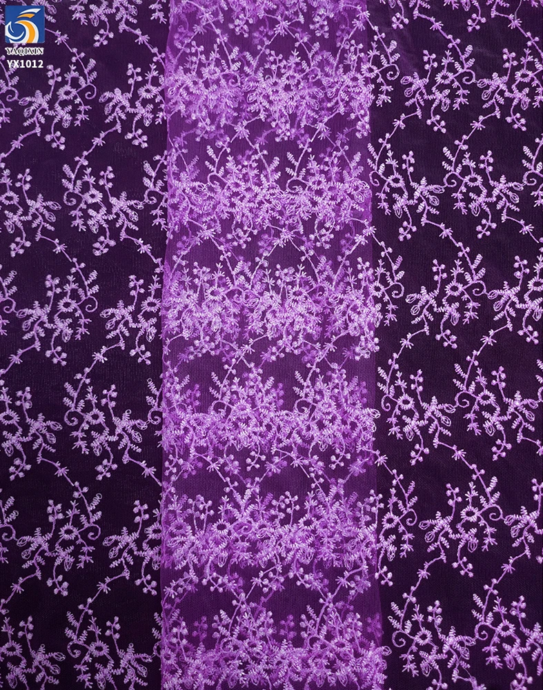 YX1012 Customized Embroidered Tulle Fabrics With Customer-Provided Samples Azure Polyester Tulle Embroidered Fabrics - 图片 4