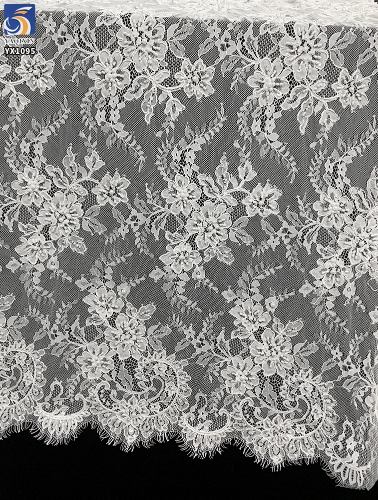 YX1095 Heavy Bridal Lace Fabric Beaded Luxury Fabric in White Polyester Bead Tube Pearl Embroidery Net Mesh Eyelash Lace Fabric - 图片 5