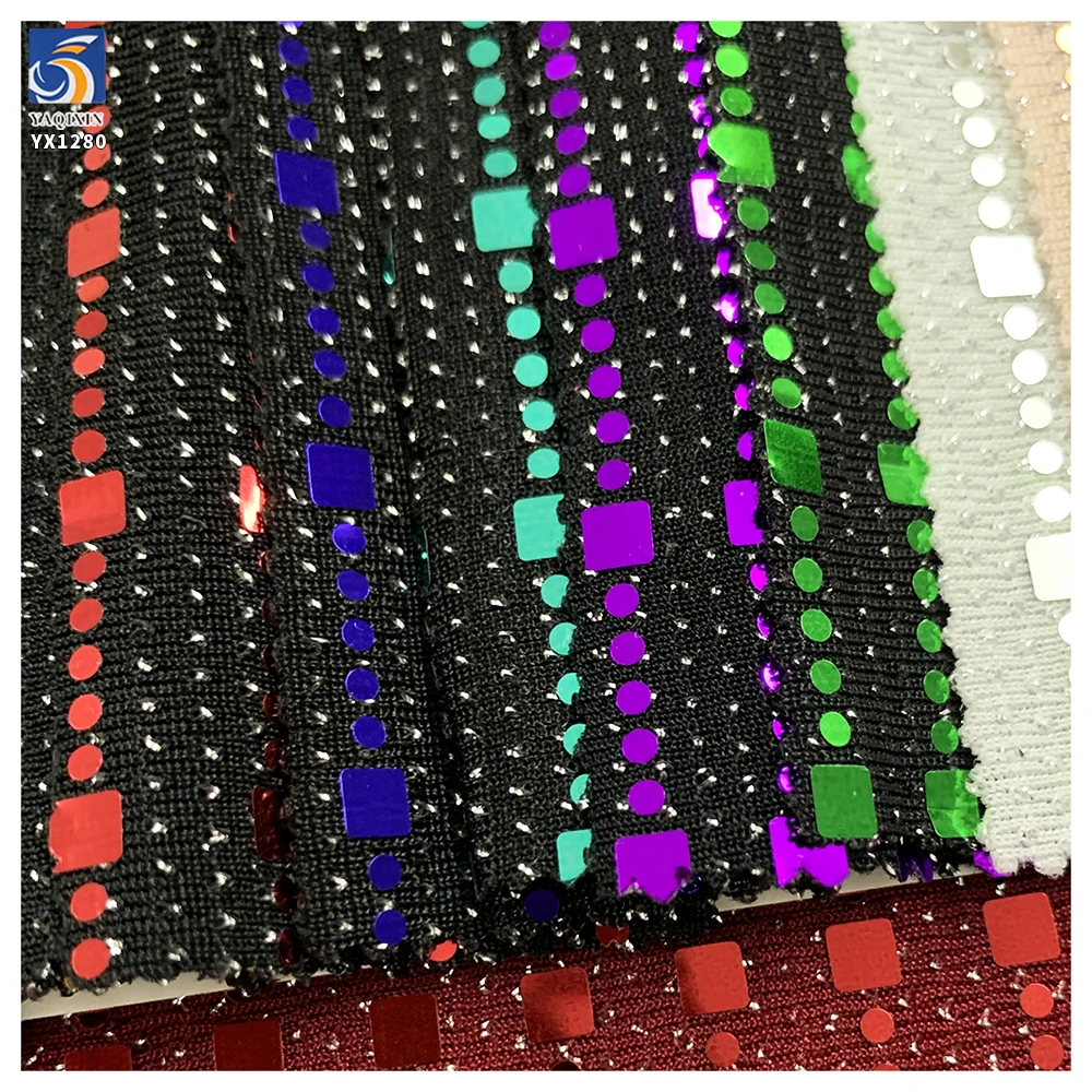 YX1280 130gsm Competitive Prices Straight Laser Lurex Spandex Stretch Dot Sequin Fabric for Fashion Performance Costumes - 图片 4