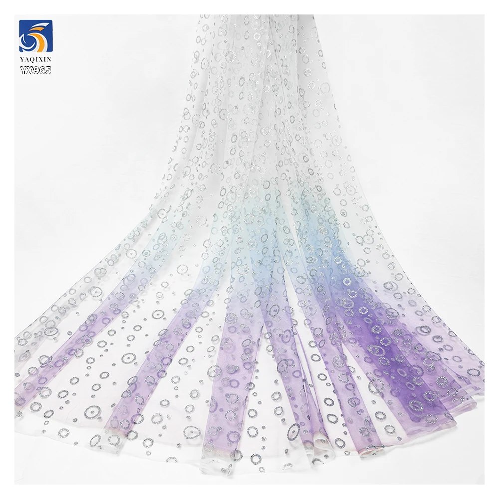 YX965 Blue Purple Gradient Polyester Mesh Glitter-Print Silver Circle Pattern Design Tulle Fabric for Children's Princess Dress - 图片 2