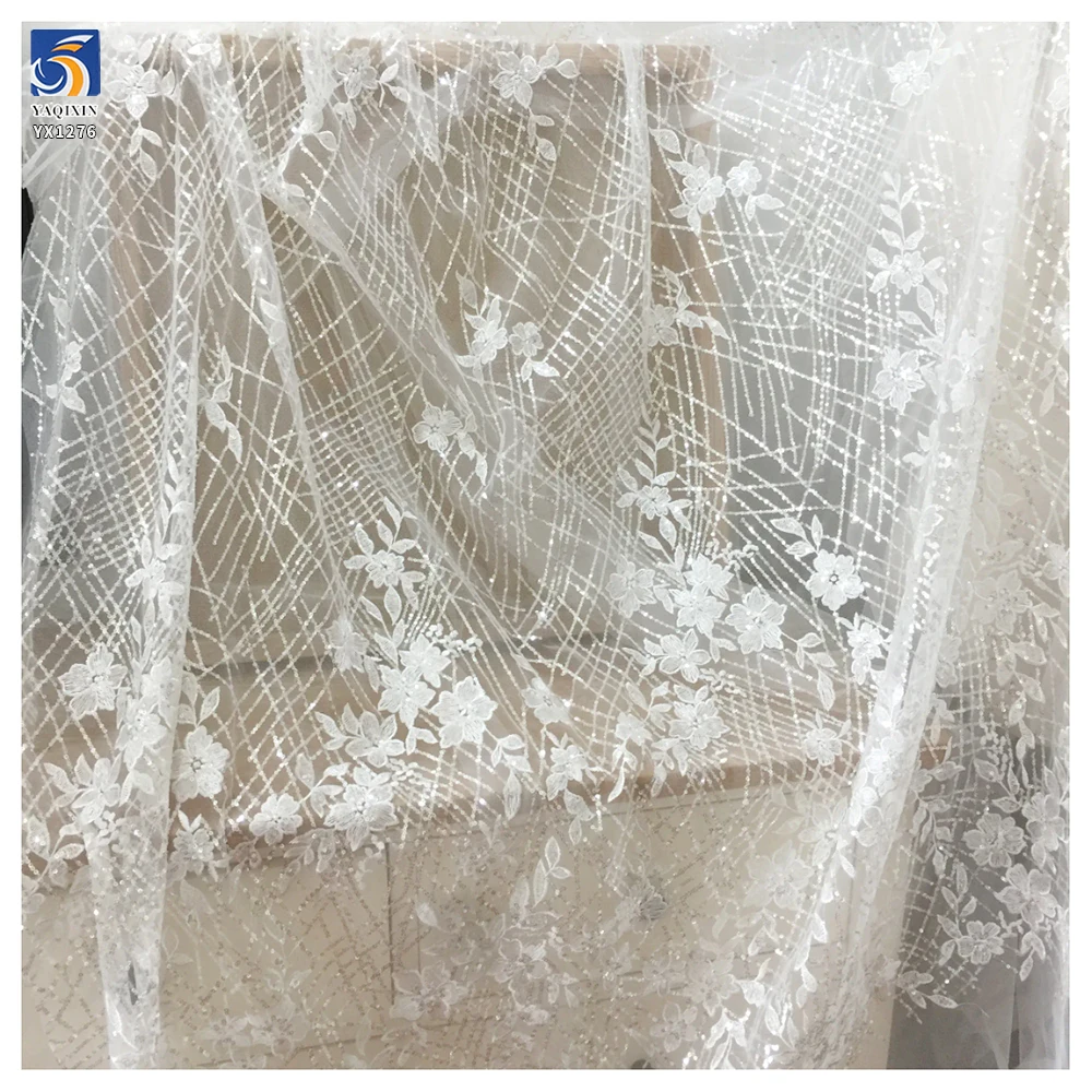 YX1276 5 Yards DE LACE Striped Cross Embroidered Sequin Lace Fabric Floral Embroidery White Bridal Lace Fabric - 图片 2
