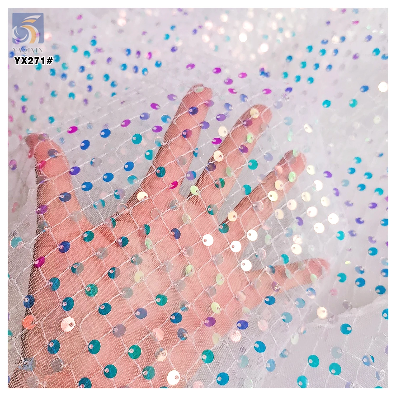 YX271 European and American Style Fashion Dress Fabric 120gsm Multicolor Gradient 5mm Sequin Mesh Lace Fabric - 图片 5