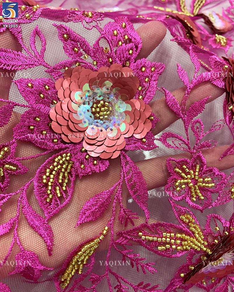 YX1305 Chinese Palace Luxury Style 3D Flower Sequin Colored Lace Mesh Fabric Textile Elegant Embroidered Tulle and Lace Fabric - 图片 2