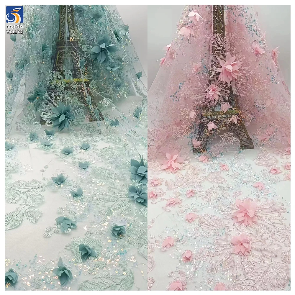 YX1262 200gsm New France Mesh Sequin Embroidered Fabric Flowers 3D Hand Embroidery Fabric With Sequins for Women's Garments - 图片 2