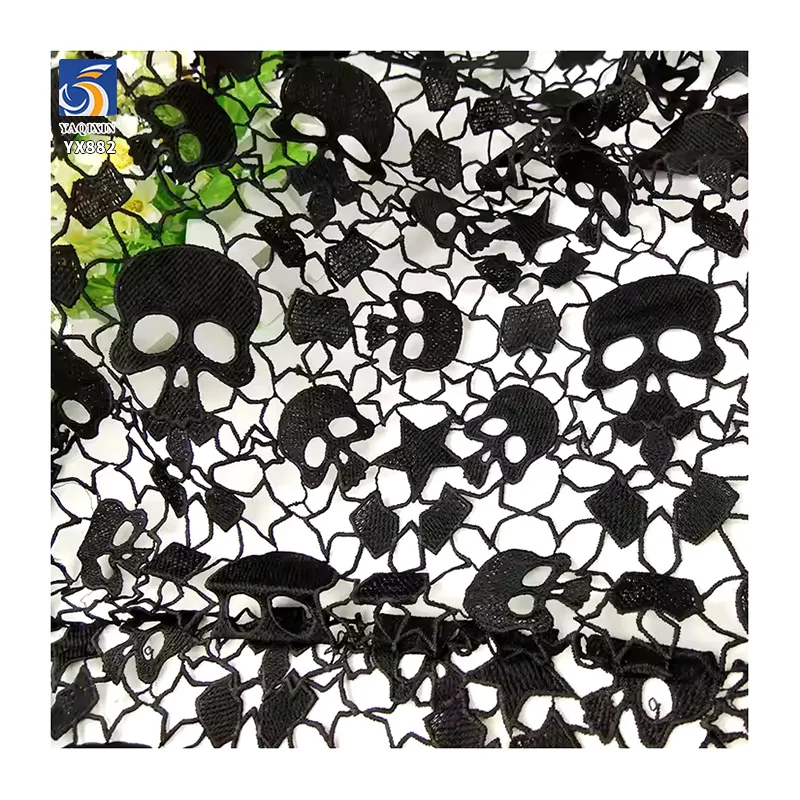 YX882 200gsm Halloween Black Milk Silk Embroidery Lace Embroidery Fabric Holiday Halloween Skull Net Mesh Fabric