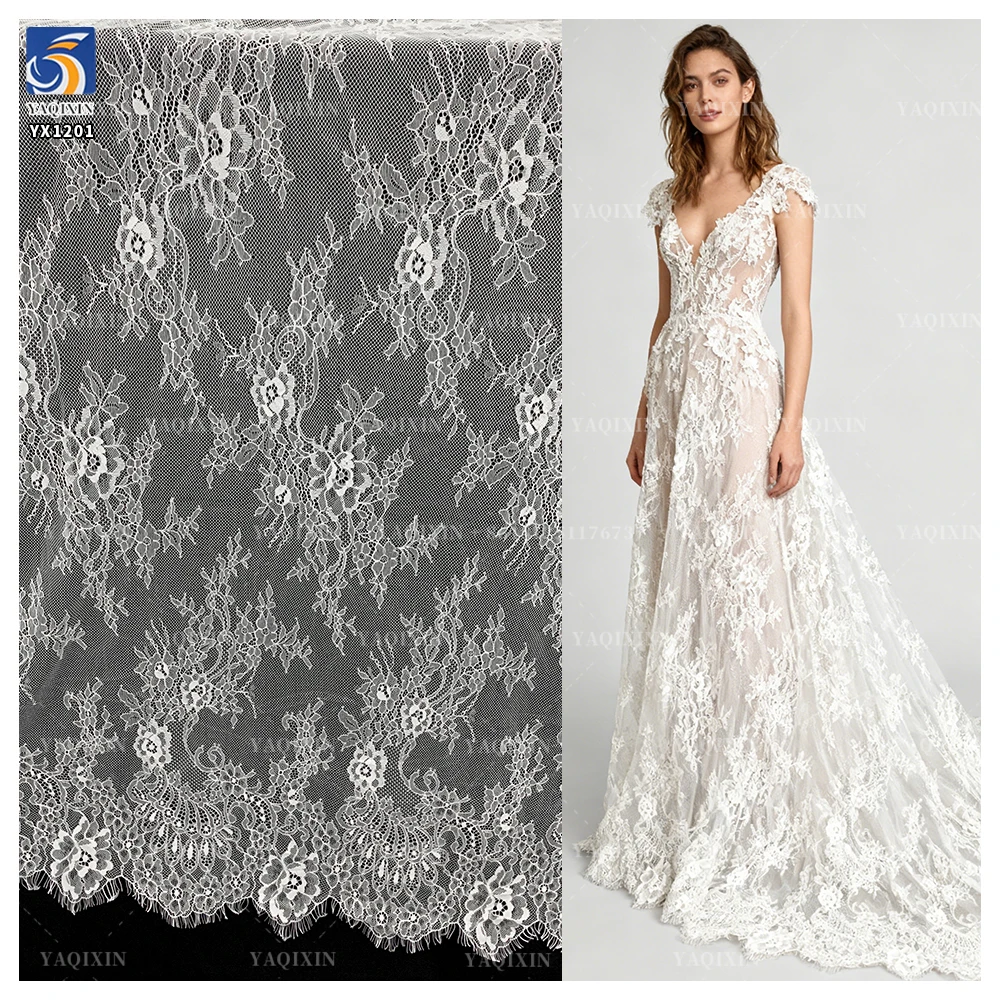 YX1227 Super Popular High Quality Eyelash French Lace Fabric for Bridal 100 Nylon Woven White Eyelash Lace Fabric Textile