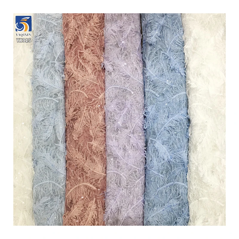 YX915 Multicolor Wholesale 3D White Feathers Lace Tulle Fabric 100 Polyester Milk Silk Embroidery Lace Fabric With Sequins - 图片 2