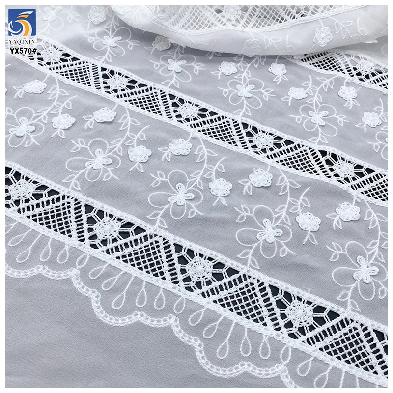 YX570 New Laser Milk Silk Polyester White Embroidery Chiffon Fabric Flowers Floral Embroidered for Women Dresses - 图片 3