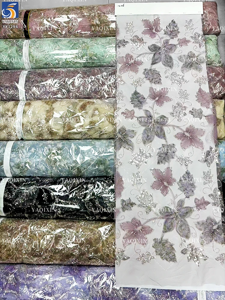 YX1294-3 400g Chinese Manufacturers Design High-End Sequin Knit Lace Fabrics for Cheongsam Sequin Glitter Lace Fabric China - 图片 2