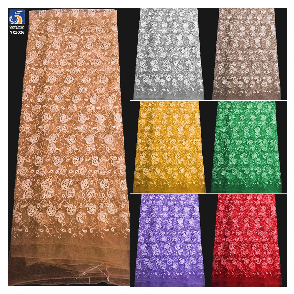 YX1026 Romantic Embroidered Rose Floral Mesh Fabric for Chinese Valentine's Day Beauty Dresses Embroidered Tulle Fabrics - 图片 2