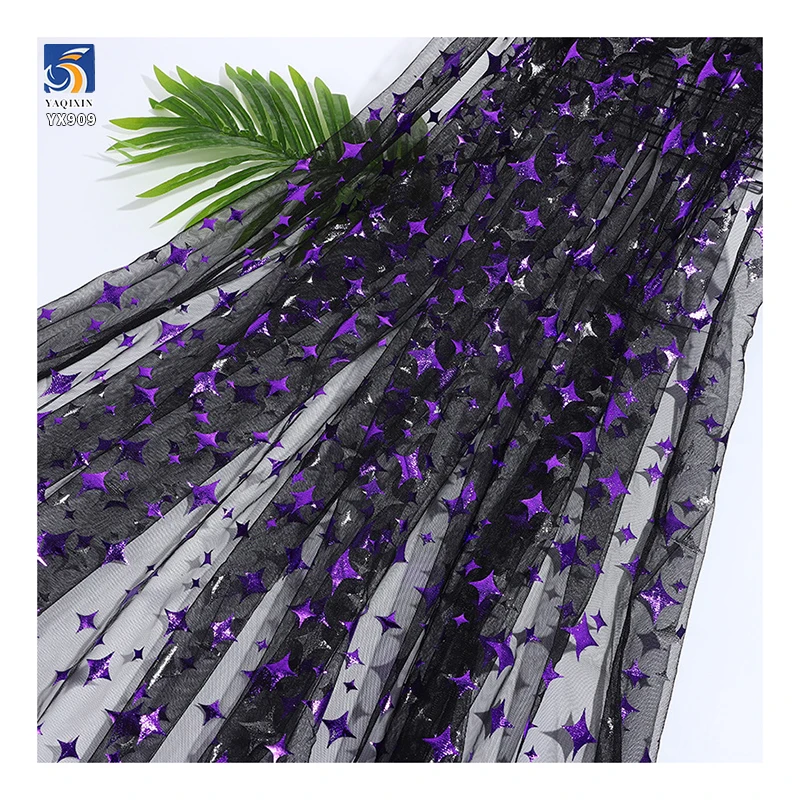 YX909 Mysterious Four-Pointed Star Mesh Fabric 100% Polyester Knitted Purple Stars Foil Printed Halloween Fabric - 图片 6
