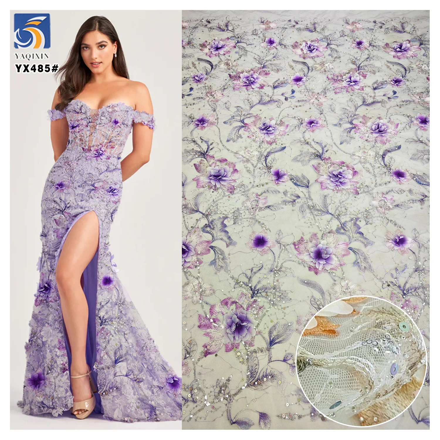 YX485 Bridal Lace Fabric Wholesale Dubai Fabric Bridal Lace Colored Lace Fabrics With 3D Flower Sequins