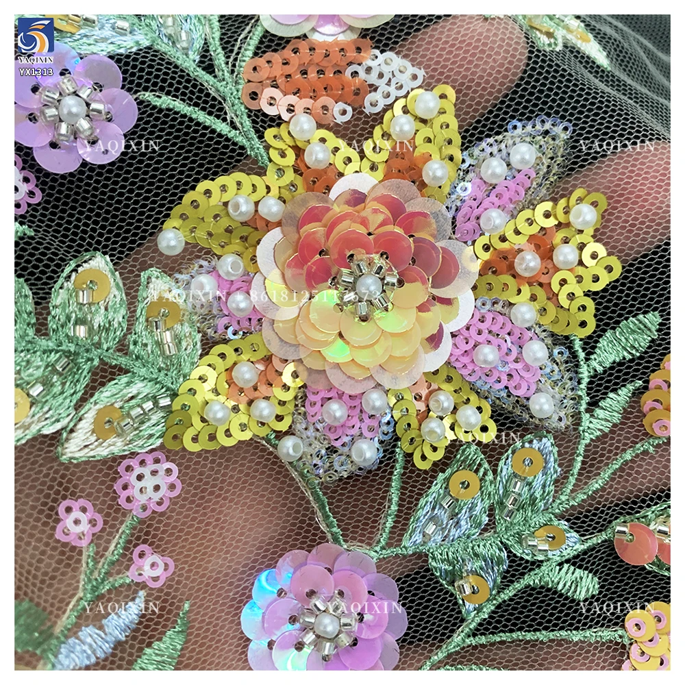 YX1313 Popular Trends Embroidery Fabric 5 Yards Heavy Embroidery Pearl Sequin Flowers Tulle Lace Fabric for Girls Skirts - 图片 6