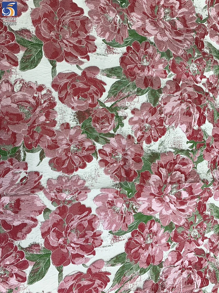 YX1237 Low Moq by 1 Yard Sales 193gsm 100% Polyester Yarn-Dyed Brocade Satin Fabric Jacquard Chinese Big Flowers Brocade - 图片 3