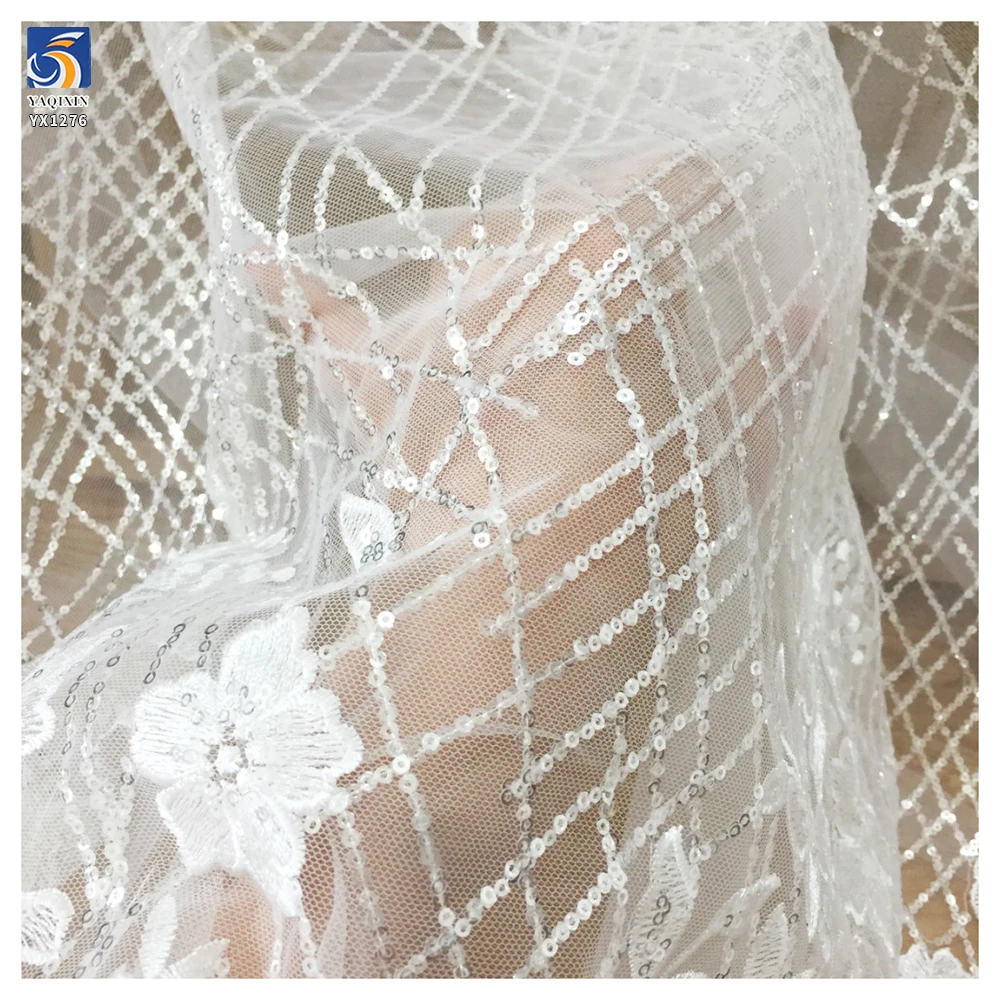 YX1276 5 Yards DE LACE Striped Cross Embroidered Sequin Lace Fabric Floral Embroidery White Bridal Lace Fabric - 图片 5