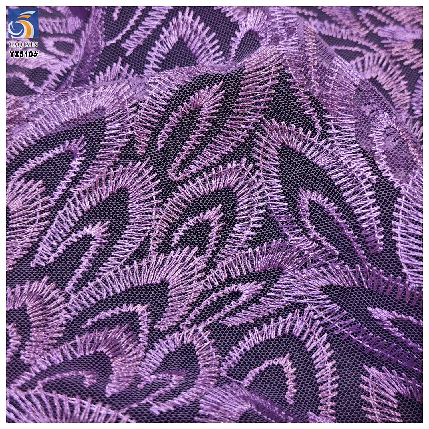 YX510 2025 Ready-made Custom Purple Polyester Embroidery Feather Tulle Fabric - 图片 4
