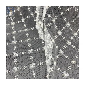 Oriental Beads Embroidery Fabric 100gsm Lace Mesh Embroidery Four-Leaf Clover Pearl Sequin Embroidery Tulle Fabric