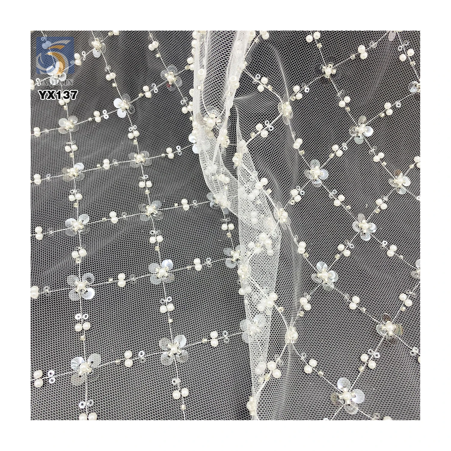 Oriental Beads Embroidery Fabric 100gsm Lace Mesh Embroidery Four-Leaf Clover Pearl Sequin Embroidery Tulle Fabric