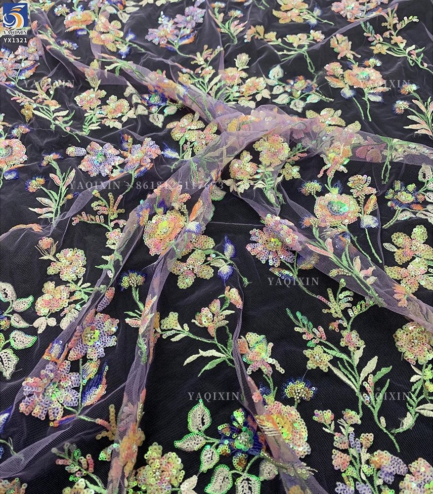 YX1321 Exquisite Embroidered Lace Fabric Heavy Embroidery Pearl Sequin Flowers Chinese Lace Fabric With Beaded Florals - 图片 4