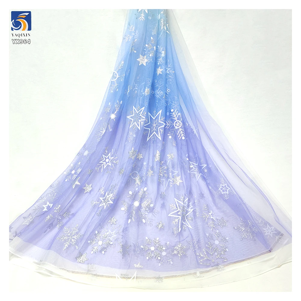 YX964 Stars Print Mesh Princess Dress Fabric Girl Poncho Dress Purple Blue Gradient Tulle Fabric With Silver Star Print