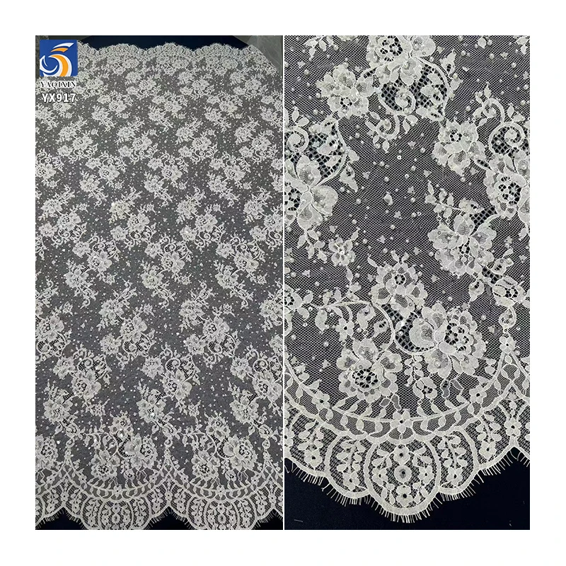 YX917 Heavy Embroidery 3D Rose Flowers Water-Soluble Lace Fabric Wedding White Eyelash Lace Fabric With 3D Pearl Sequins - 图片 2