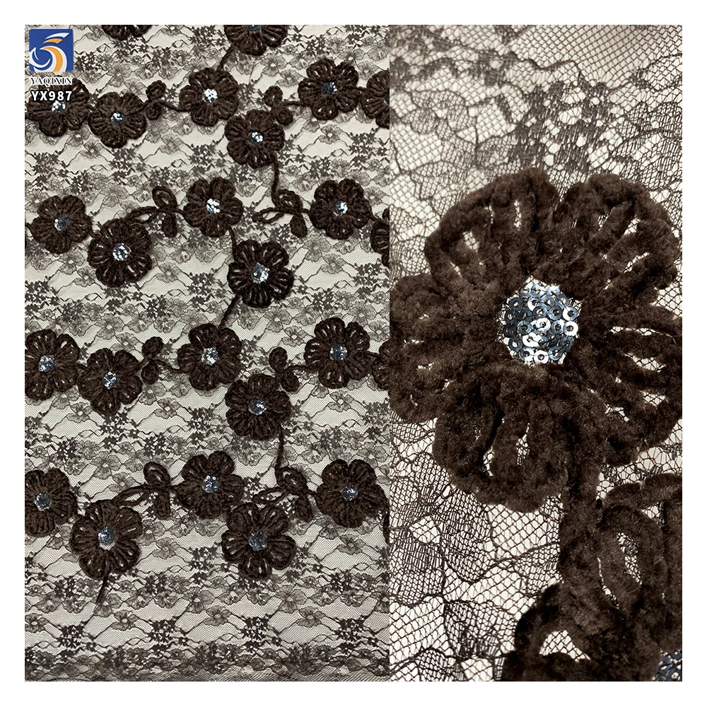 YX987 2026 New Material Customization 70% Polyester 30% Chenille Lace Fabric Flower Embroidery With Sequins for China Dresses