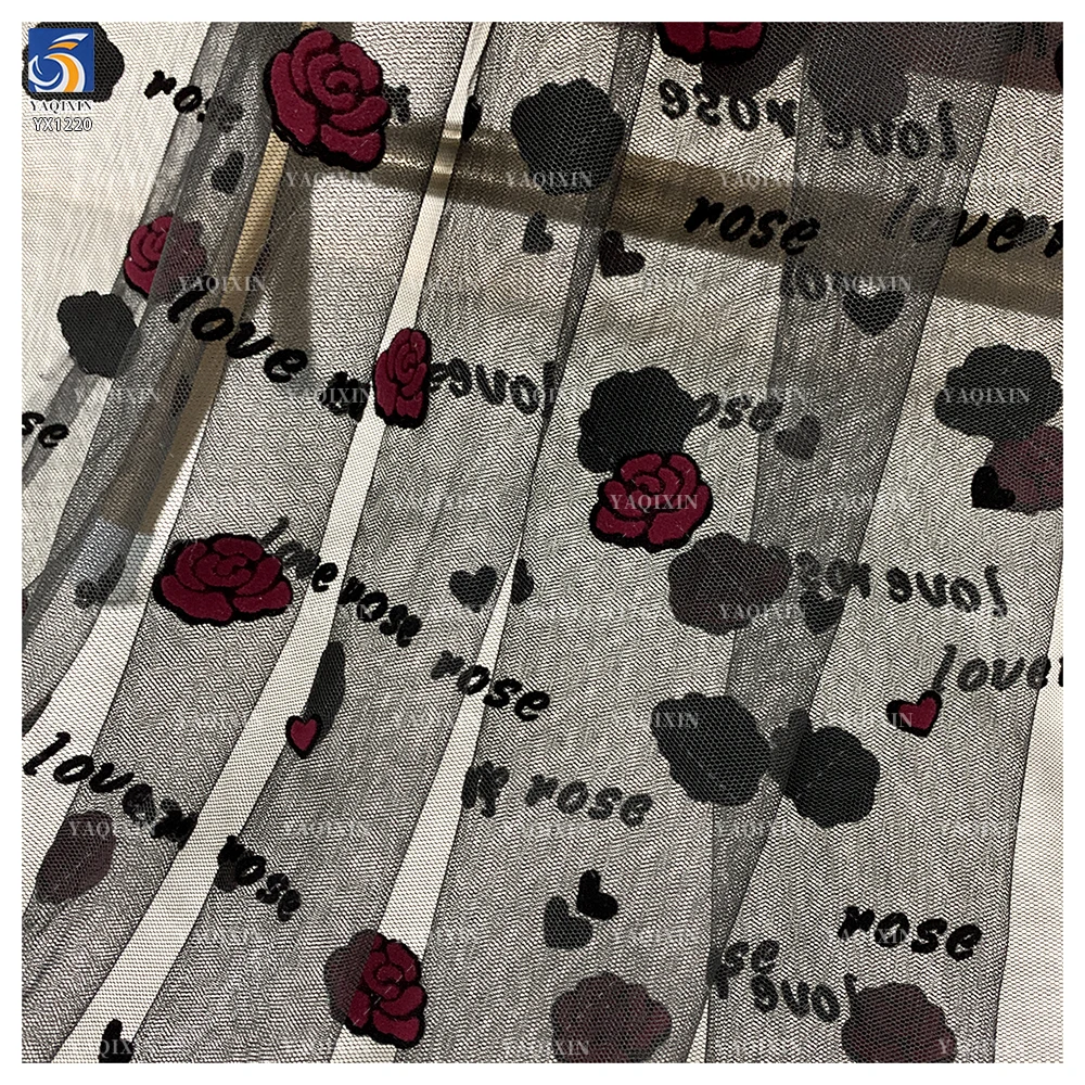 YX1220 French Romantic Mesh Love Rose Valentine's Day Flock Fabrics Knitted Red and Black Florals Flocked Tulle Fabric - 图片 5