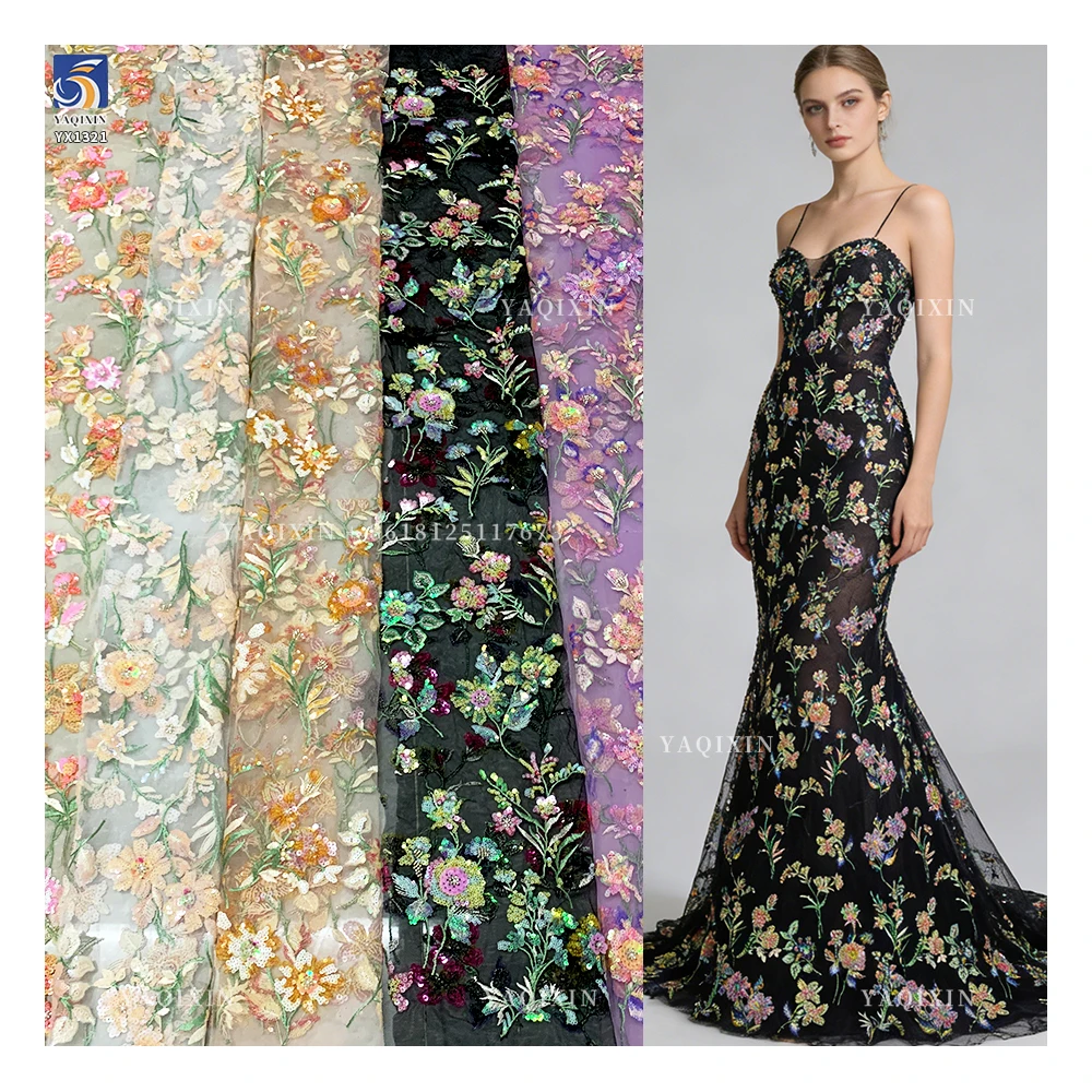 YX1321 Exquisite Embroidered Lace Fabric Heavy Embroidery Pearl Sequin Flowers Chinese Lace Fabric With Beaded Florals