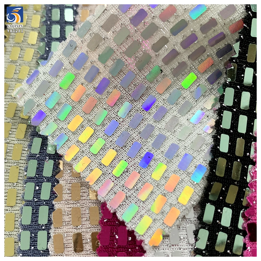 YX1281 150gsm Competitive Price Wavy Square Pattern Sequin Fabric 100% Nylon Knit Stretch Dress Laser Lurex Sequin Fabric - 图片 6