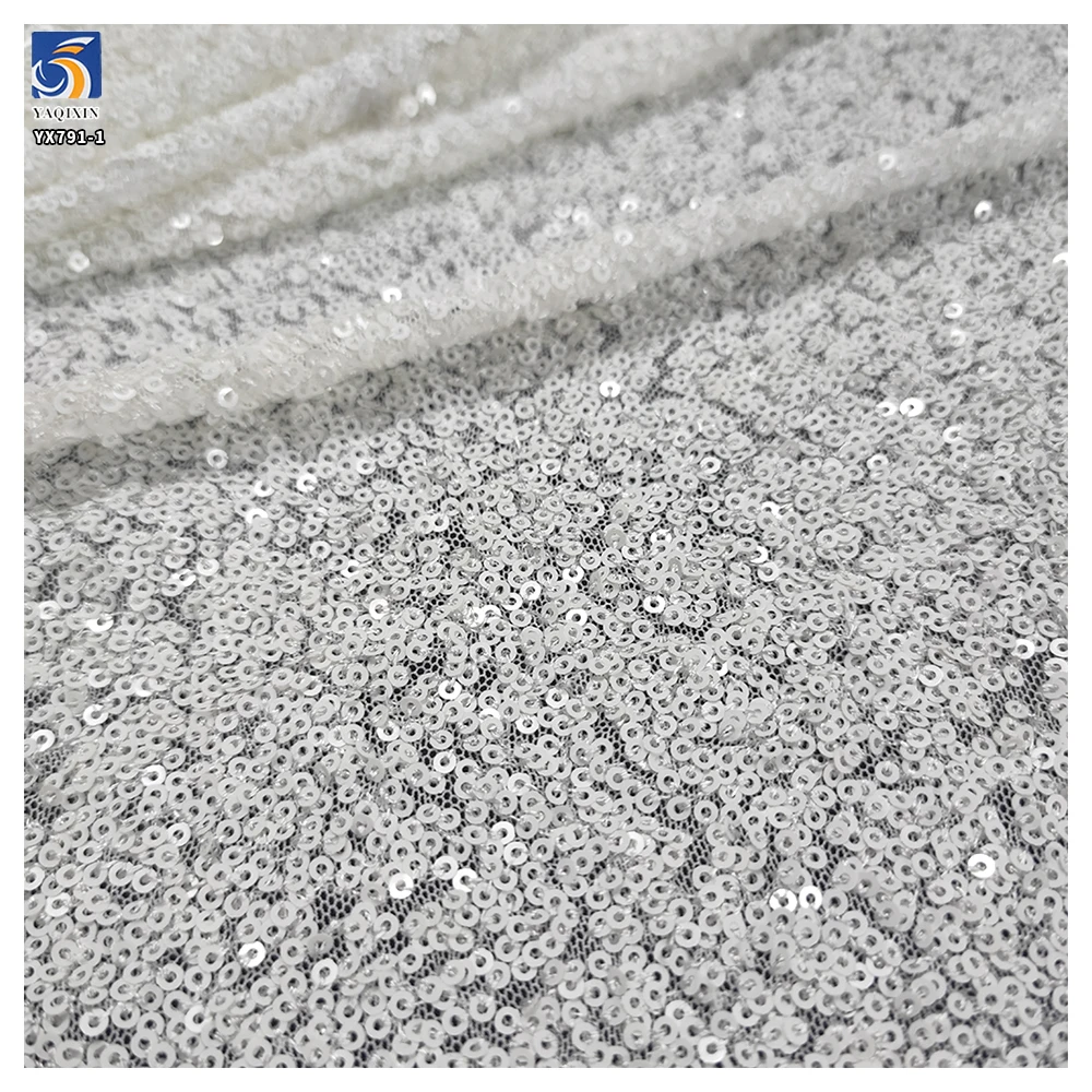 YX791-1 Full of 3mm Sequins Bright White Porcelain White Fabrics Stretch Sequin Fabric for Wedding Women's Dresses - 图片 4