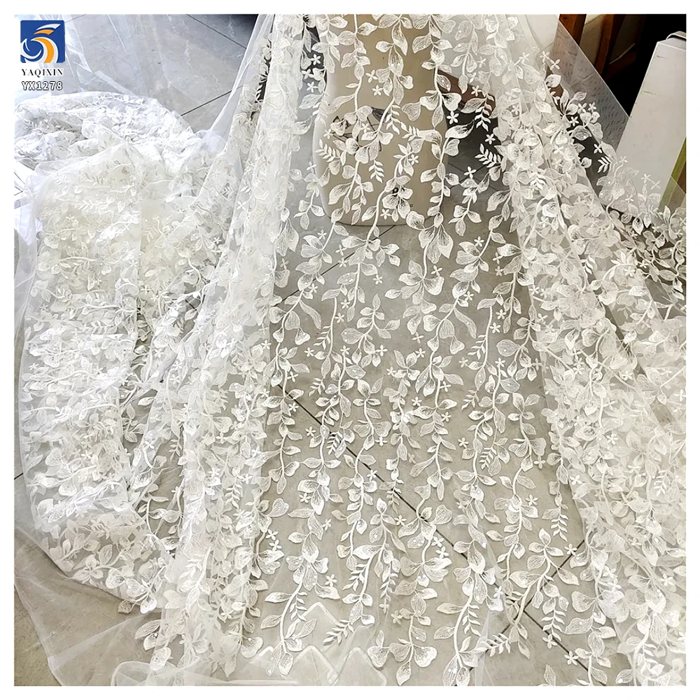 YX1278 10 Yards Low Price Cheap White Tulle Fabric Lace Water-Soluble Embroidery Leaf Pattern Lace Fabric for Chinese Brides - 图片 2