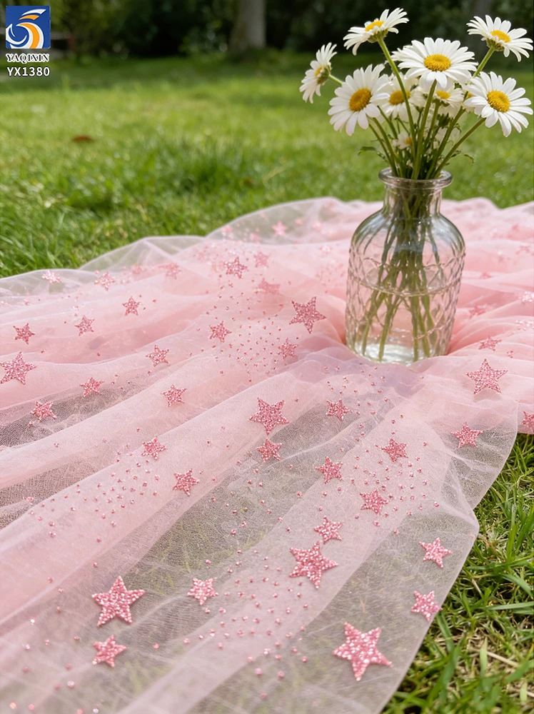 YX1380 Popular 2026 Style Pink Glitter Tulle Fabric by the Yard Knit Glitter Stars Mesh Tulle Fabric for Girls Dress - 图片 2