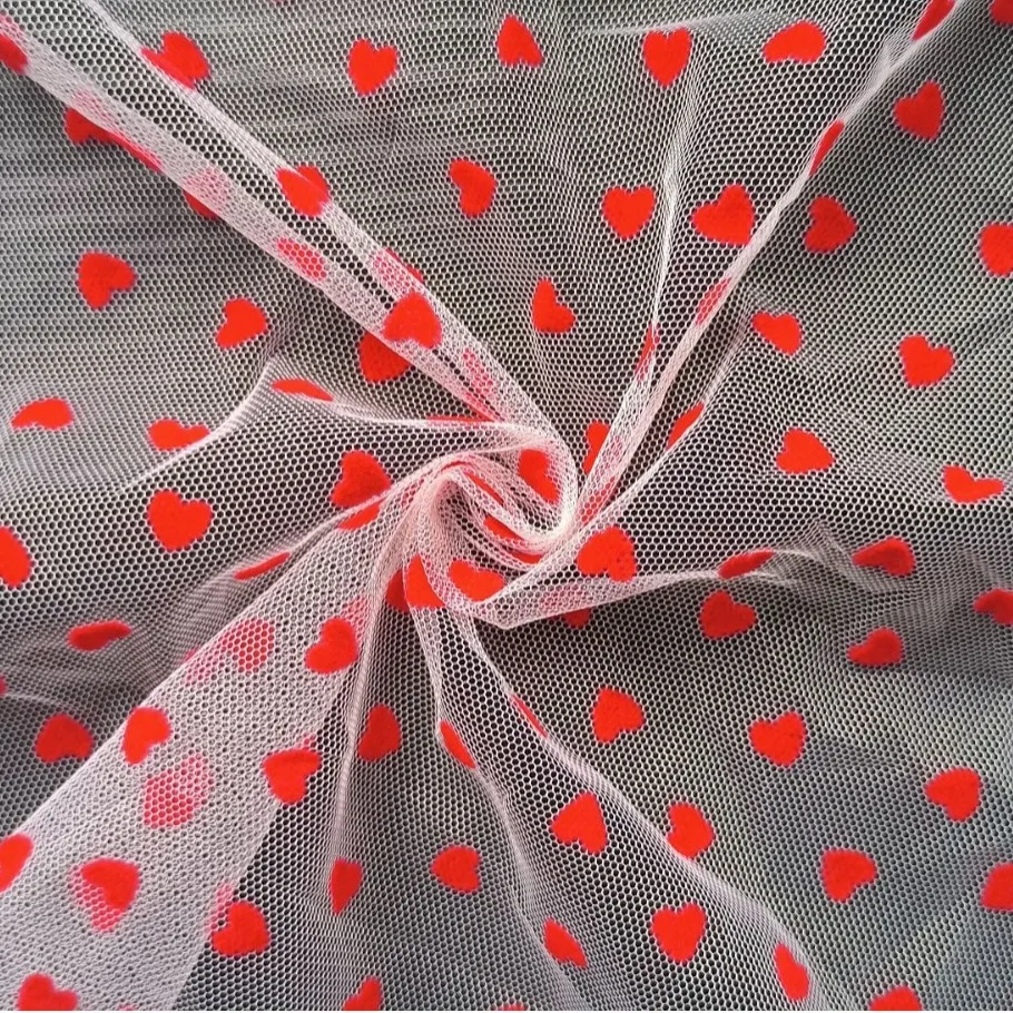 YX735-1 2026 Heart-Shaped 100% Polyester Flocked Tulle Mesh Fabric Knitted Mesh Net Fabric for Lingerie Skirts - 图片 4