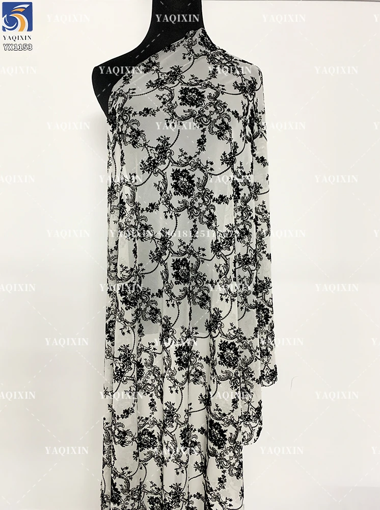 YX1153 High Quality 2026 Four-Way Stretch Spandex Mesh Flock Fabric Custom Patterned Black Flocked Stretch Tulle Mesh Fabric - 图片 3