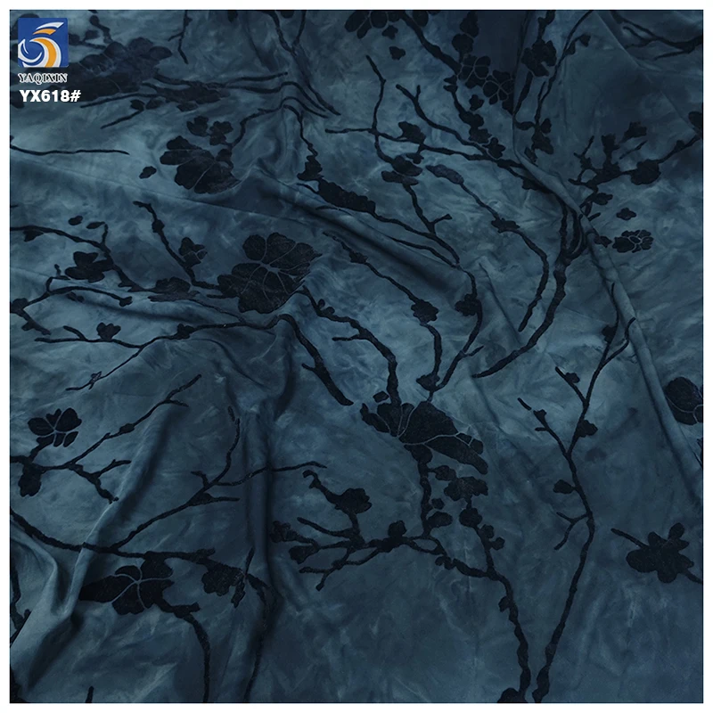 YX618 Chinese Retro Plum Blossom Flocked Burnt Flower Fabric 95 Polyester 5 Spandex Black Flock Knitted Stretch Fabric - 图片 6