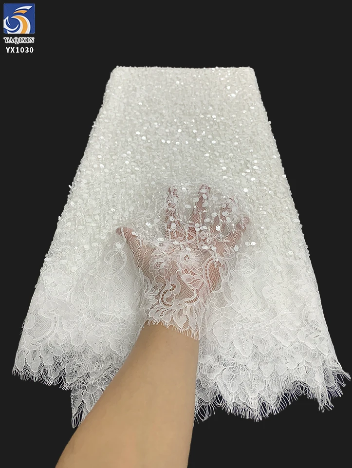 YX1030 300CM*150CM Eyelash White Wedding Bridal Lace Fabrics Heavyweight Beaded Sequin Embroidery Lace Fabrics White - 图片 3