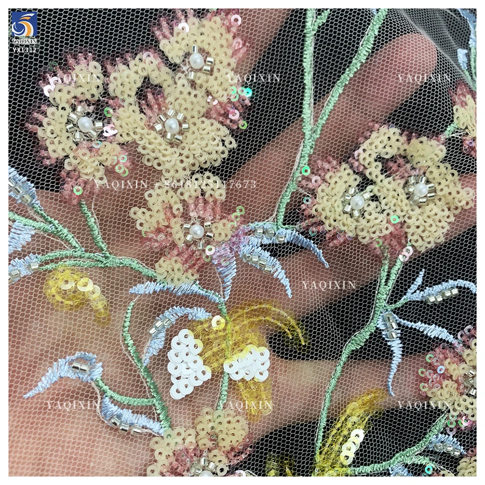 YX1312 Best-Selling Colorful Florals Pattern Beaded Sequin Fabric Lace Diy Custom Heavy Embroidery Flowers Dresses Fabric - 图片 3