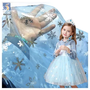 YX317 Frozen Elsa Princess Baby Dress Hot Stamping Printed Organza Snowflake Fabric Knitted Organza Polyester Cartoon Style