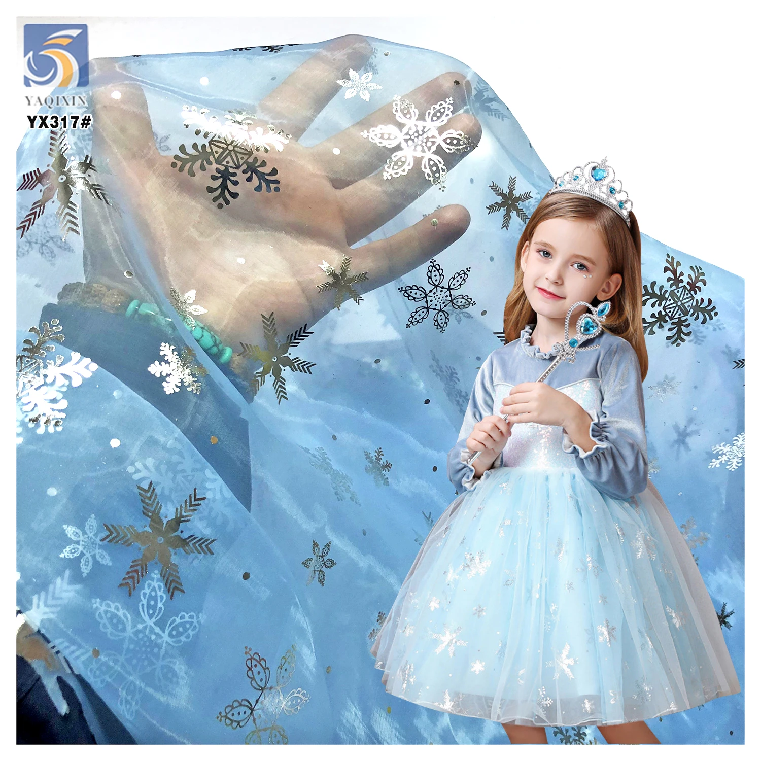 YX317 Frozen Elsa Princess Baby Dress Hot Stamping Printed Organza Snowflake Fabric Knitted Organza Polyester Cartoon Style