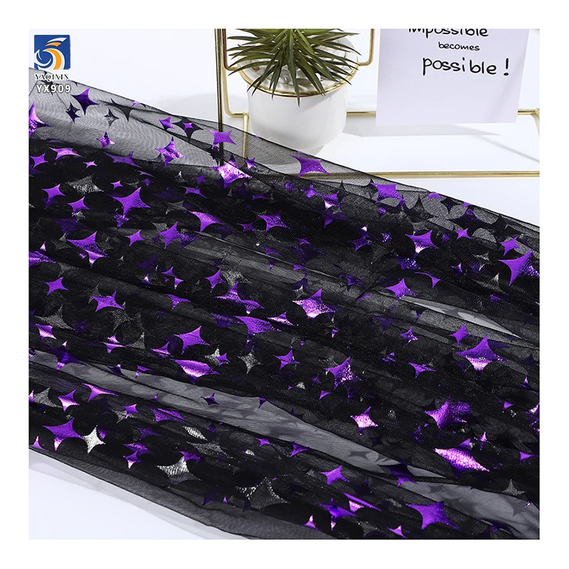 YX909 Mysterious Four-Pointed Star Mesh Fabric 100% Polyester Knitted Purple Stars Foil Printed Halloween Fabric - 图片 2
